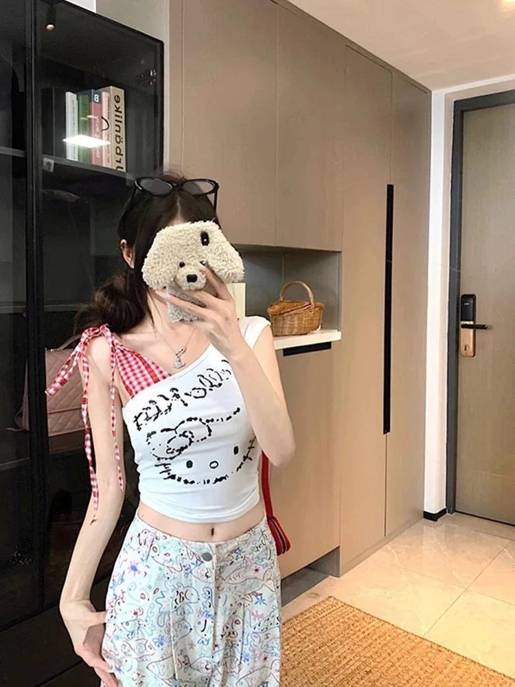 

Hello Kitty Women's Summer Check Print Off-Shoulder Tie Waist Sleeveless Top Y2K Slim Fit Blouse