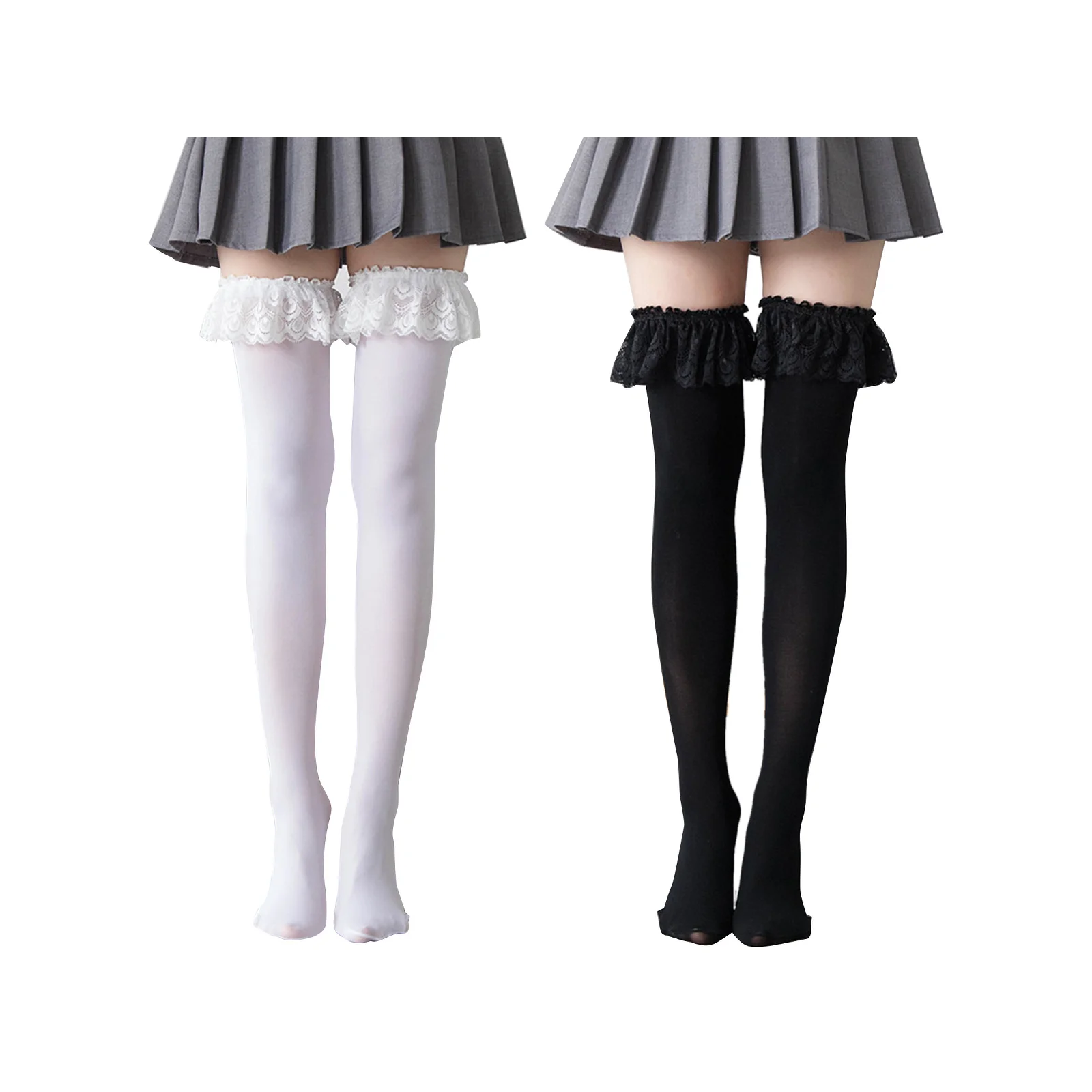 

Комплект бархатных кружевных чулок в стиле Лолита, черно-белый.