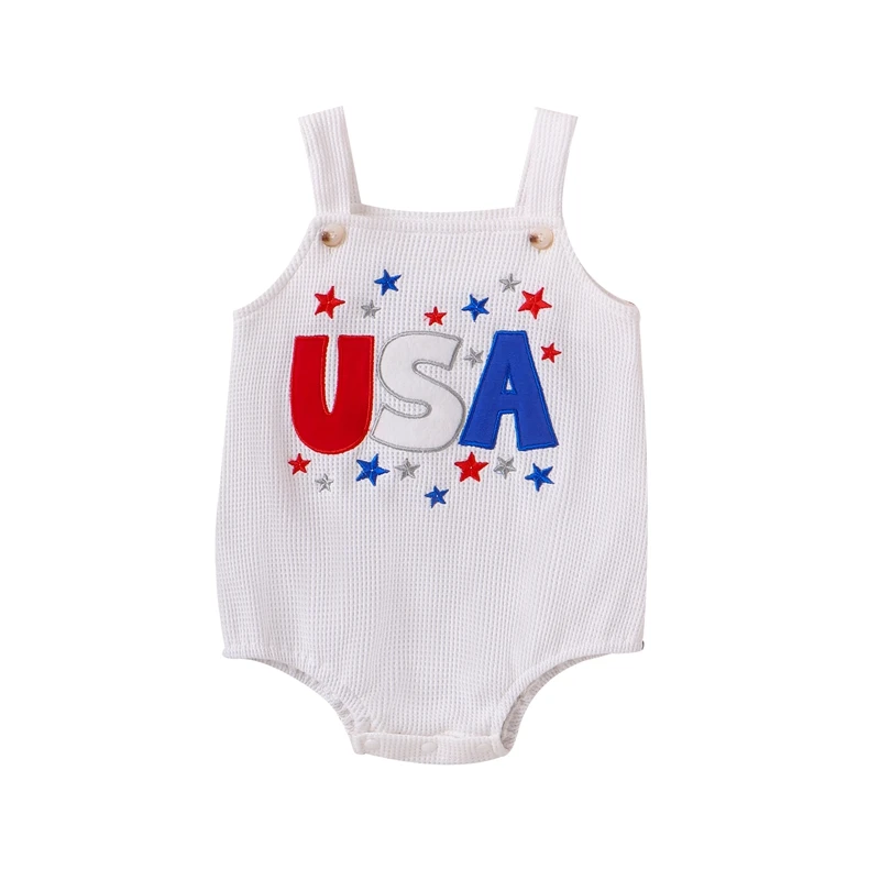 

Baby Boy Girl Waffle Overalls Letter Star Embroidery Square Neck Sleeveless 4th of July Romper Toddler Summer Jumpsuit