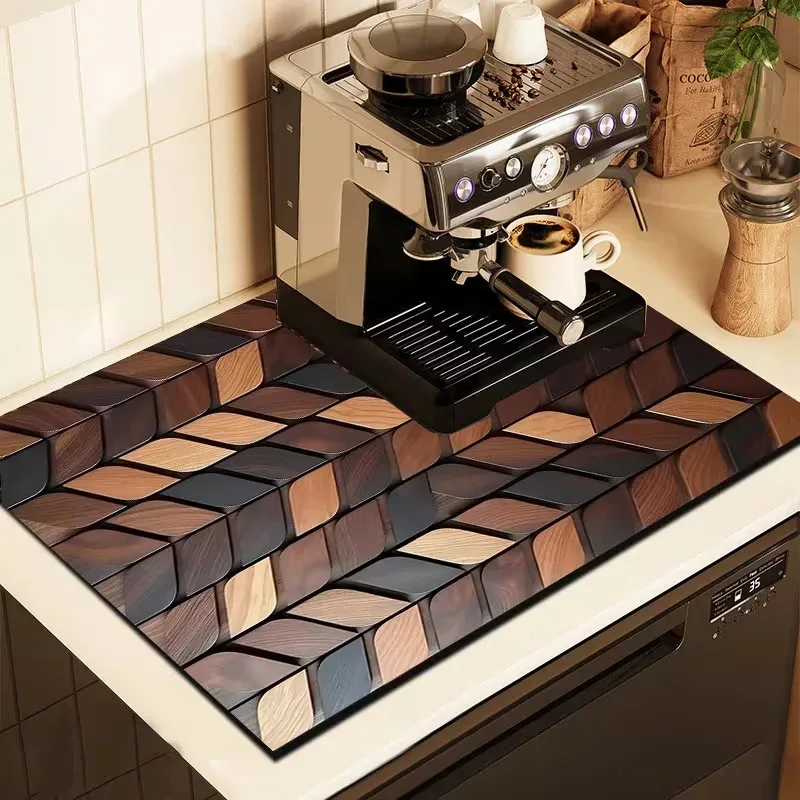 VIKAMA 3D Vintage Wood Grain Dish Drying Mat Non-Slip Absorbent Kitchen Drain Mat Coffee Machine Protective Pad Kitchen Decor
