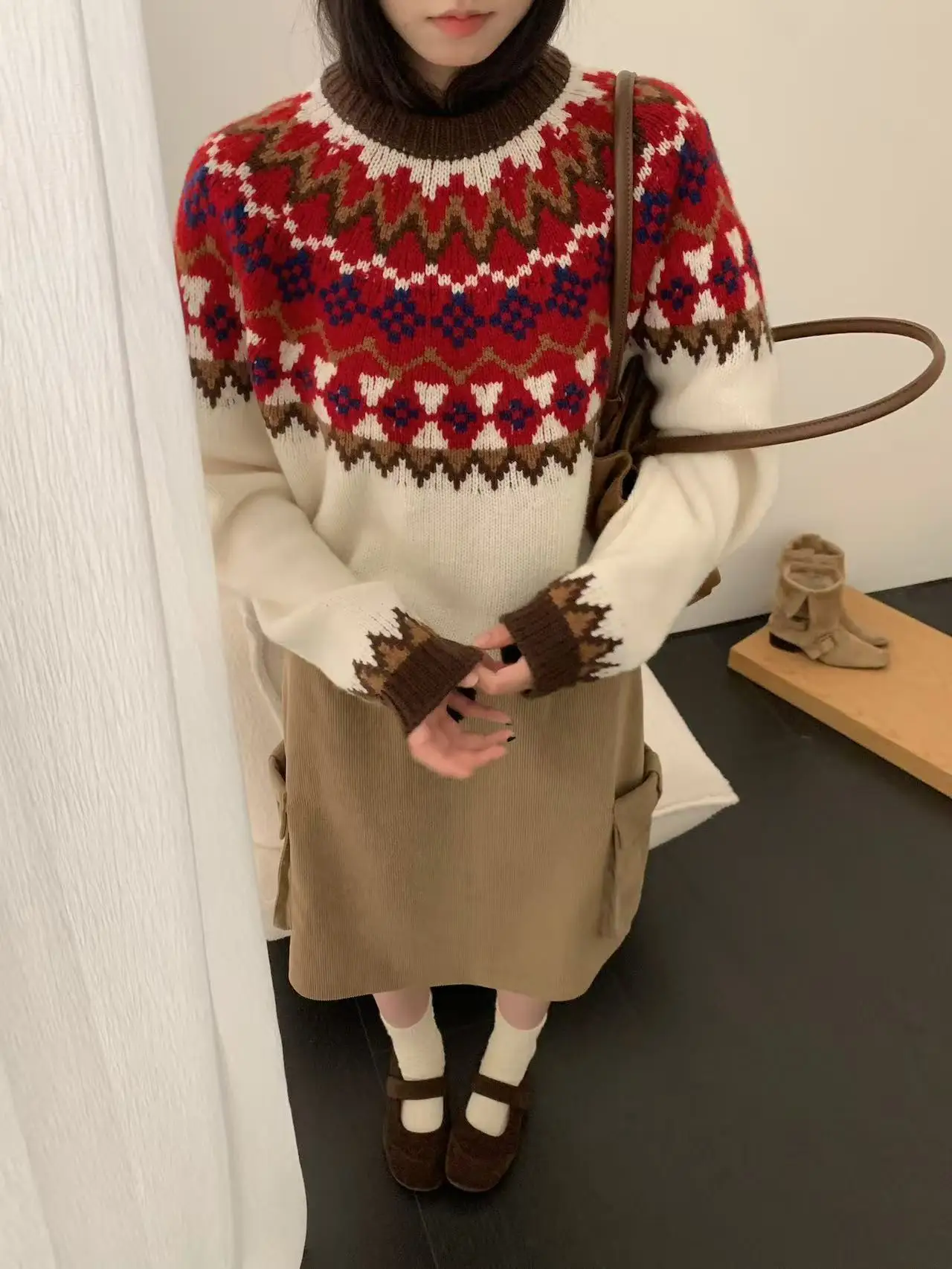 

Корейский винтажный вязаный свитер в стиле Fair Isle, осенне-зимний, утепленный, с длинными рукавами, круглым вырезом, повседневный, свободного кроя, женский топ