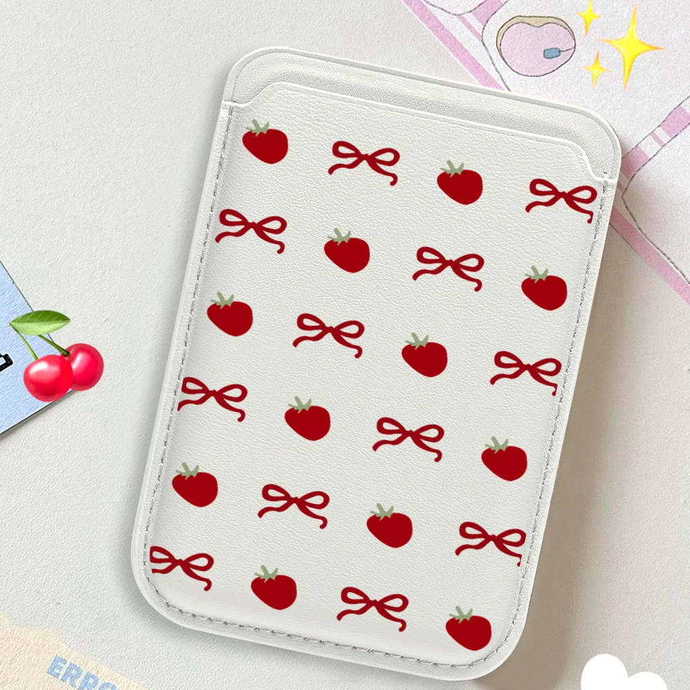 Strawberry And Bow Phone Card Bag Holder For Magsafe Magnetic Slim Wallet Back Pocket For iPhone 17 16 Pro For Samsung Case