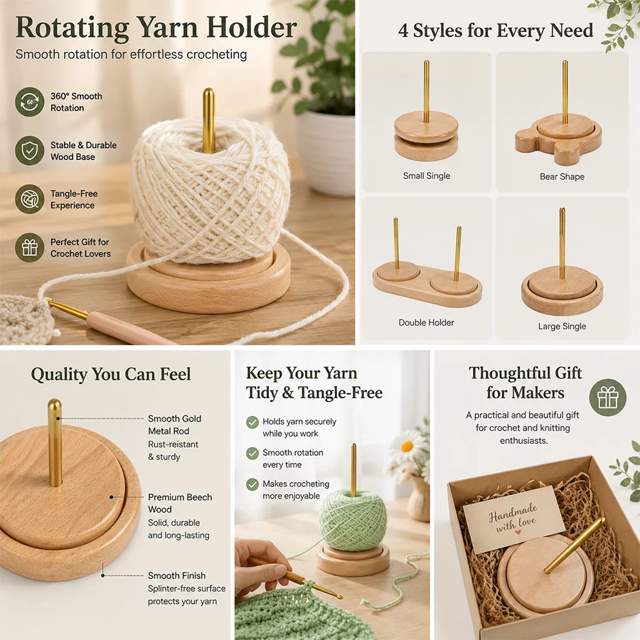 Wooden Rotating Yarn Holder 360° Smooth Rotation Yarn Spindle Dispenser Beech Wood For Knitting Crochet Craft Supplies