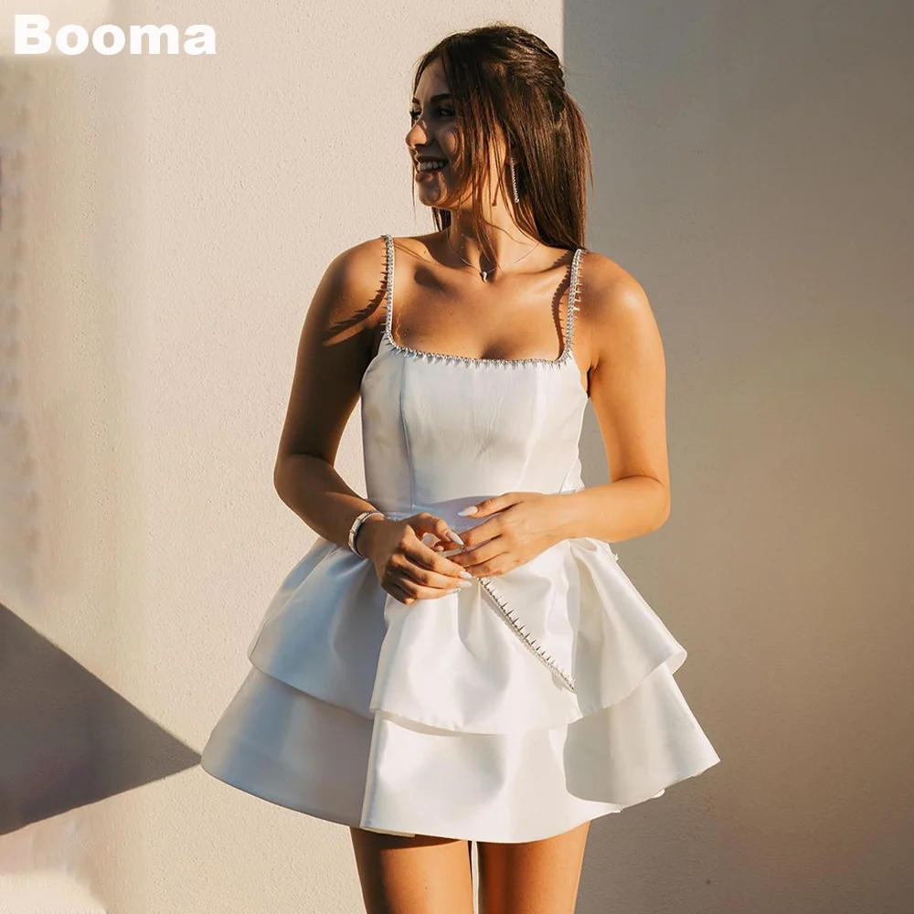 Booma Mini Wedding Party Dresses Sleeveless Crystal Short Bride Dress with Bow Ruched Tiered Stain Prom Gowns for Women Bespoke