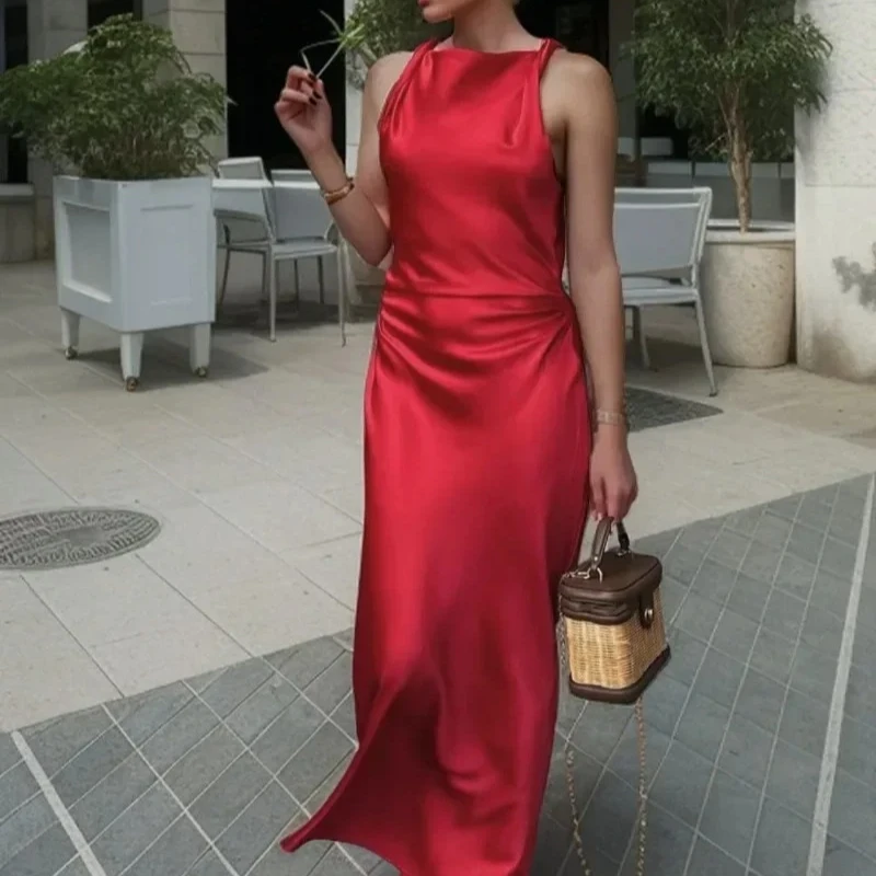 فستان Zeyla 2025 صيفي جديد من الساتان الحريري بدون أكمام - فستان نسائي أنيق بلون سادة للمناسبات الخاصة