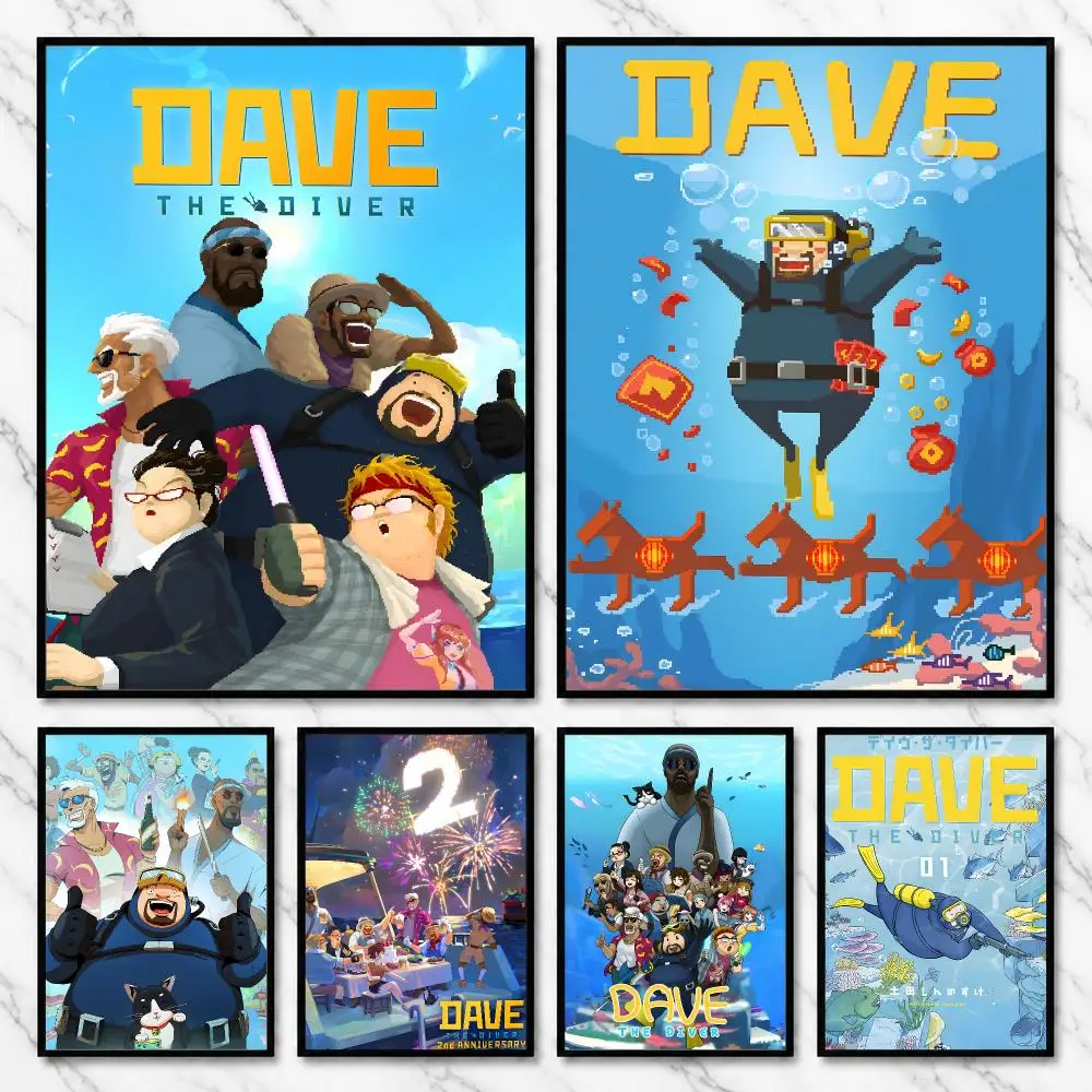 Dave the Diver Ocean Exploration Pixel Diving Quest Poster Self-Adhesive Unframed Fashion Wall Prints for Office & Home Decor
