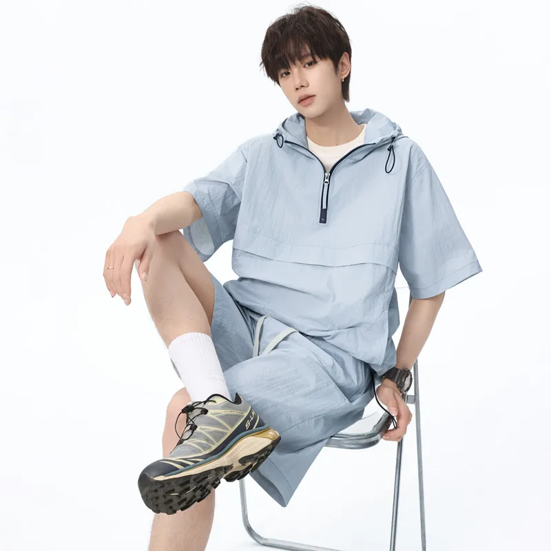 

Cool Breathable Men's Summer Sportswear Set Casual Loose Fashionable Korean Hong Kong Style Ice Silk Cotton Blend Shorts