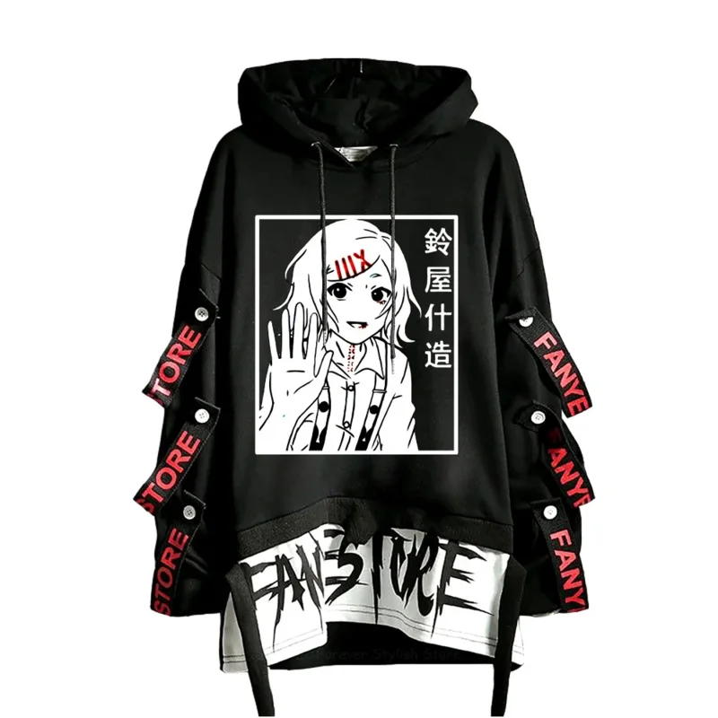 Ribbons letter print hoodies anime tokyo ghoul sweatshirts long sleeve patchwork sweatshirt oversized pullover harajuku pullover