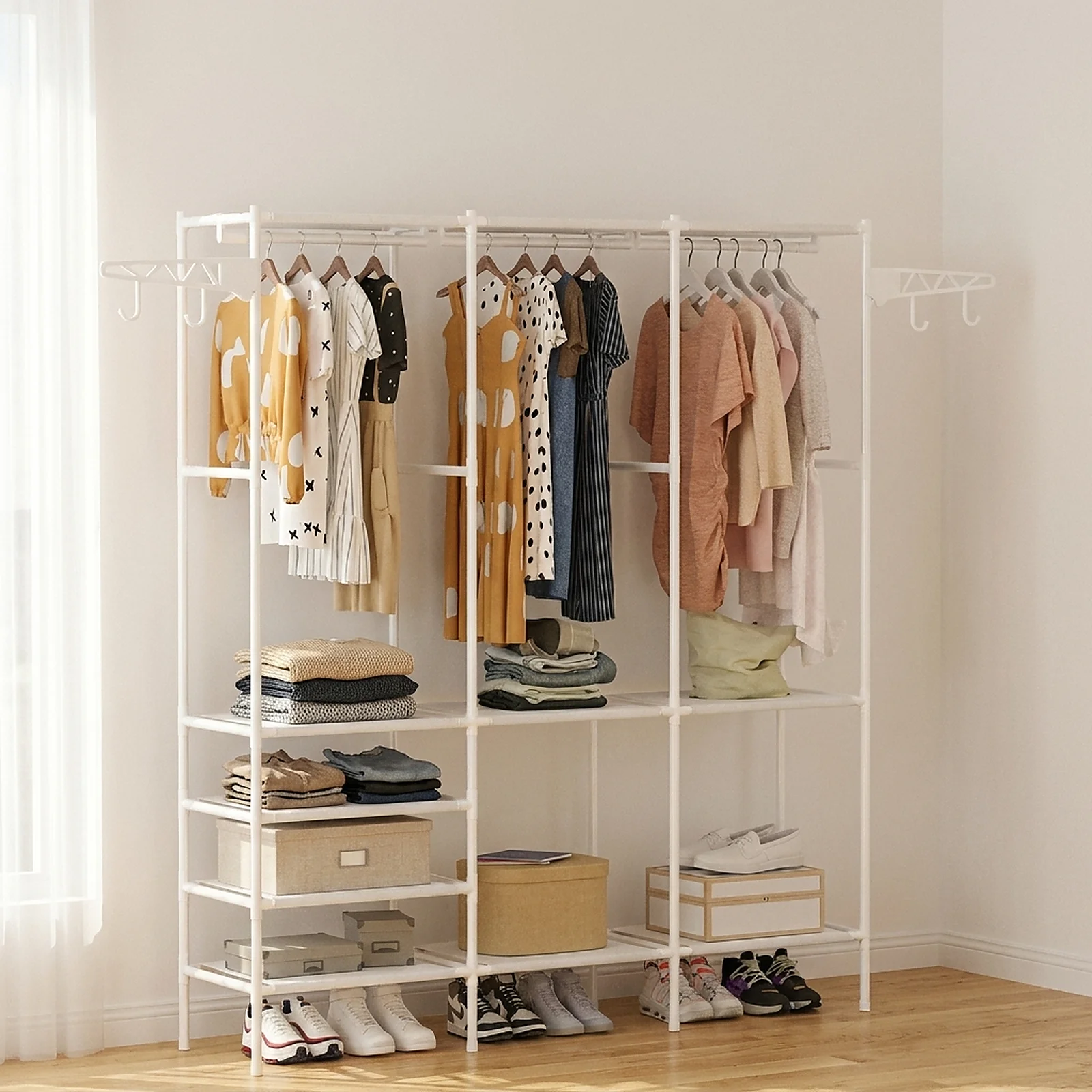 Zoyiancy 63 Inch White Clothing Rack, Heavy Duty 3 Row Wardrobe Storage Organizer with 3 Hanging Rods, Shelves & Side Hooks for Bedroom Closet and Laundry Room