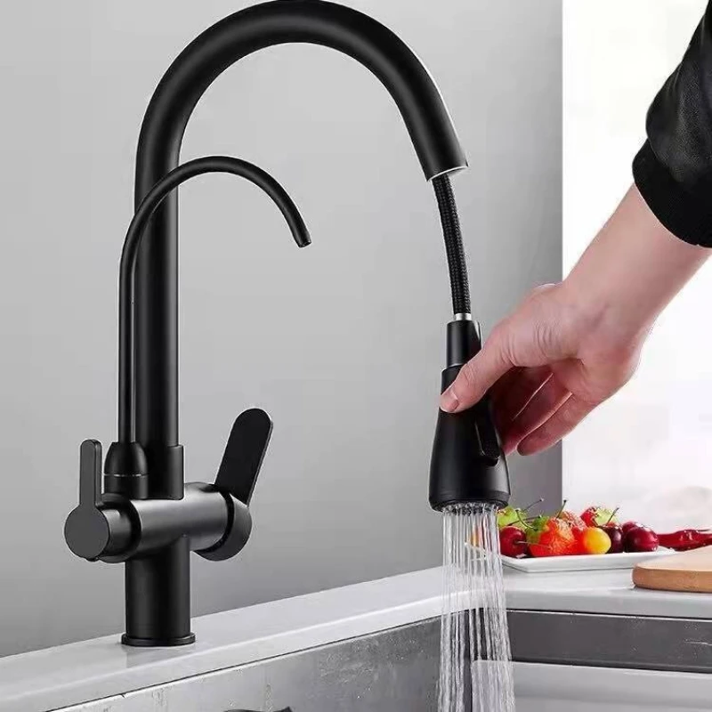 

Purification Water Kitchen Faucet Black 360° Rotating Filter Water Faucets Pull Out Sprayer 3 Ways Hot Cold Water Mixer Tap
