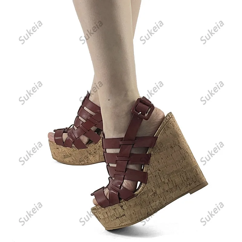 Sukeia Real Photos Women Platform Sandals Wedges High Heels Round Toe Beautiful Brown Party Shoes Ladies US Plus Size 5-20