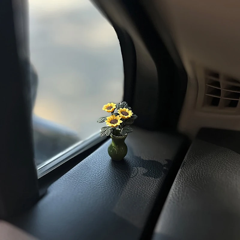 Dark Green Vase Sunflower Car Decoration Healing Series Car Center Console Handmade Interior Artistic And Retro Decoration