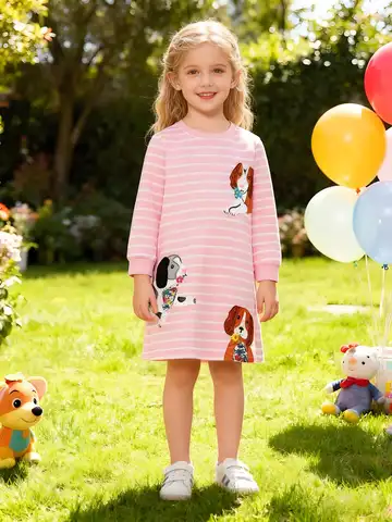 Toddler Girls' Long Sleeve Dress - Pink White Striped with Cute Dog Embroidery, Soft Cotton Casual Dress for Little Girls