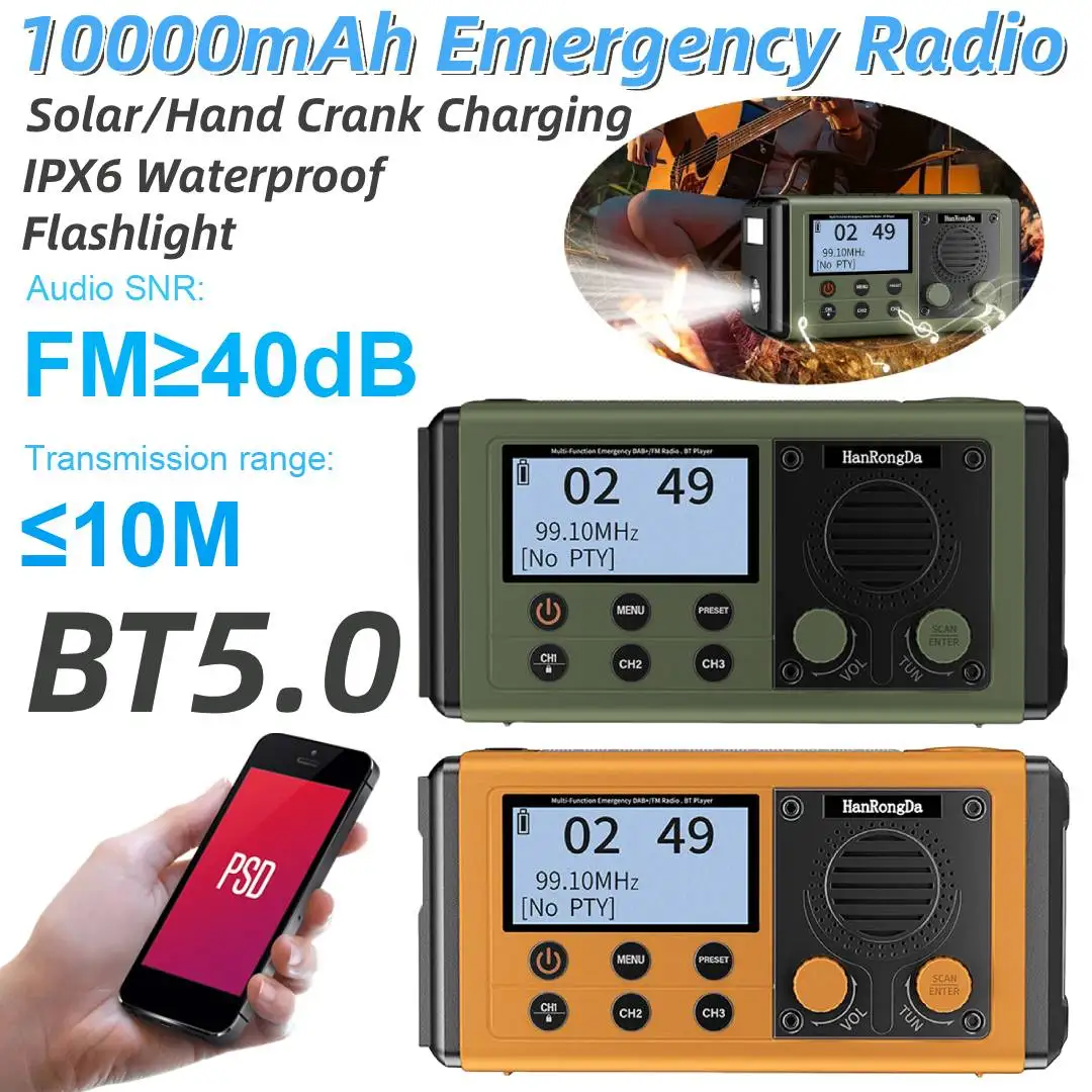

10000mAh Portable Emergency Radio W/ Flashlight SOS Alarm Headphone Jack Solar/Hand Crank Charging Outdoor Emergency Flashlight