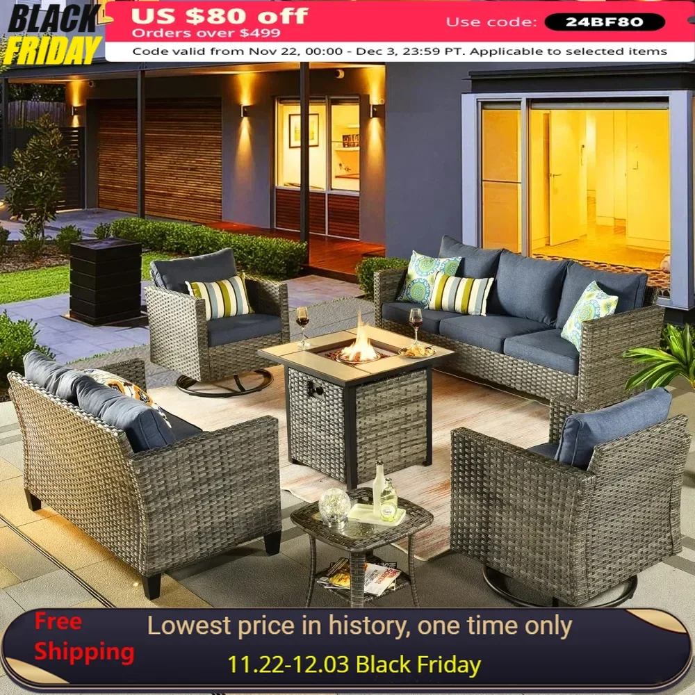 6 Pieces Patio Furniture Set with Square Fire Pit Table, Swivel Rocking Chairs, Outdoor High Back Wicker Rattan Conversation Set