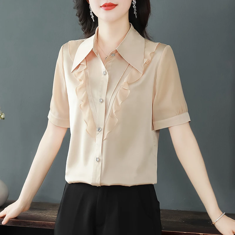 

Women Clothing Solid Ruffles Loose Chiffon Shirts Office Lady Elegnat Fashion Solid Spliced Blouses Summer Single Breasted Tops