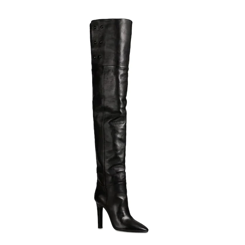 Sexy Nightclub Leather Custom Knee Boots Pointed Tip Thin Heel Heel Heightened Thin Knight Boots Large Size Women's Boots 33&46