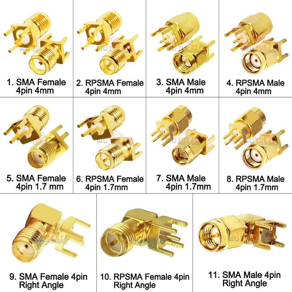 Banhado a ouro Latão SMA Fêmea Jack macho, adaptador RF, borda de solda, PCB, ângulo reto reto, conector de montagem, soquete, 5pcs por lote