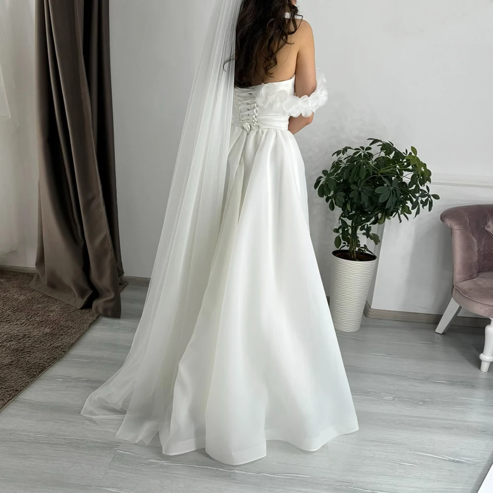 Customized Strapless Off Shoulder Sleeves Wedding Dresses A Line Lace Up Back Bridal Growns Front Slit Organza Vestido de novia