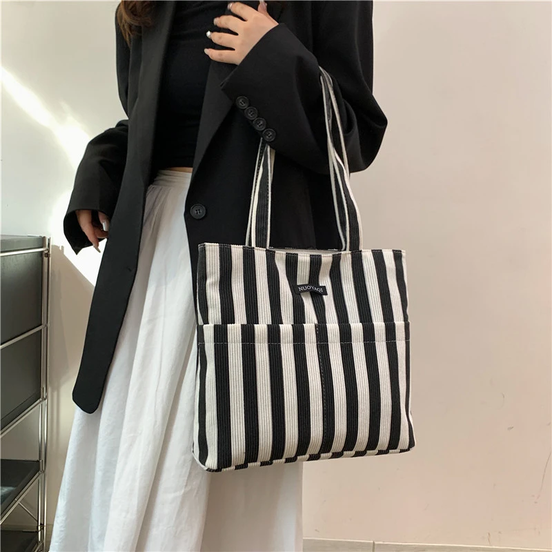 Womens Canvas Striped Tote Bag Large Capcity Handbags for Women Commuting Women's Bag Messenger Shoulder Bag 2024 Female Handbag