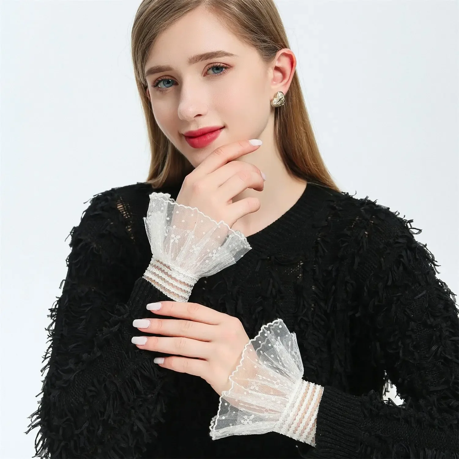 Fashion Women Lace Floral Horn Cuffs Ruffled Detachable Fake Sleeves Wedding Shirt Sweater Fake Sleeves Wrist Warmer