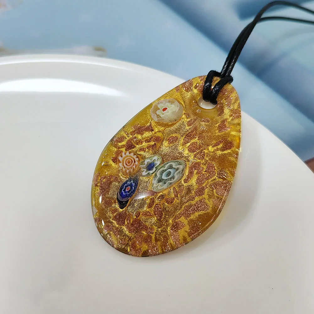 1PCS Green Blue Droplet Ellipse Glass Muran Crystal Flower Pendant Necklace For Women Floral Swirl Lampwork Cheap Item Jewelry