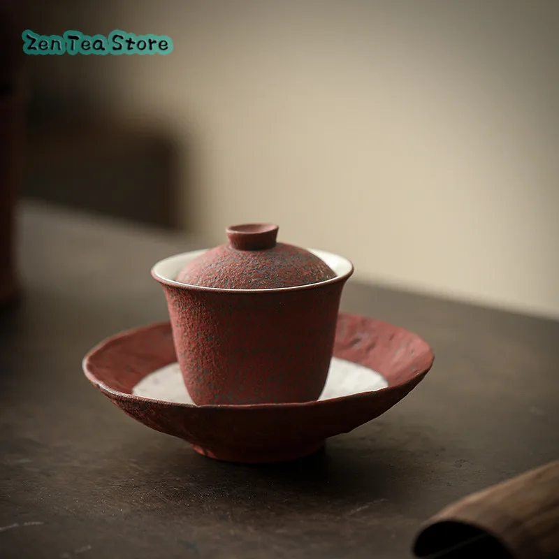 

Ochre Red Old Rock Mud Sancai Cover Bowl High-grade Coarse Pottery Kung Fu Tea Set Retro Chinese Household Ceramic Tea Bowl