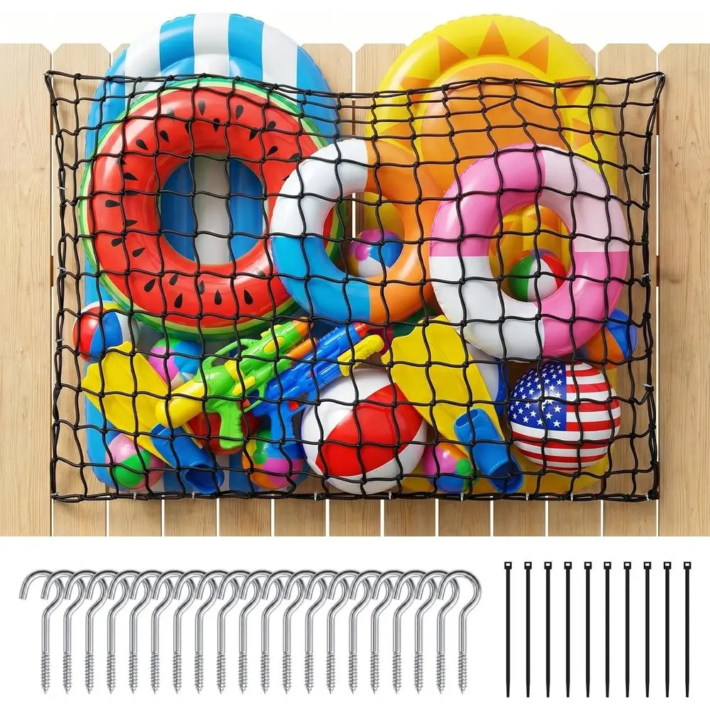 

Large Pool Float Toy Storage Net, Hanging Elastic Mesh Organizer with 20 Hooks, Poolside Toys Holder for Floats, Noodles, Balls,