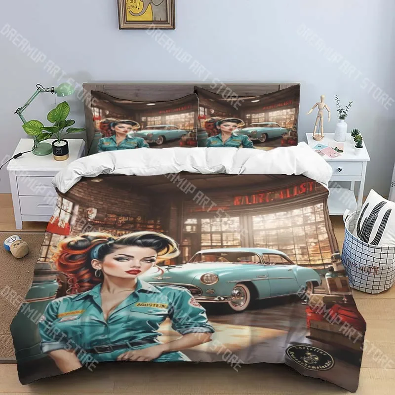 2026 V-vintage Car Fashion Trendy Print Three-piece Set Suitable For Kids Or Adults Quilt Cover Pillowcase Bedding Set Birthday