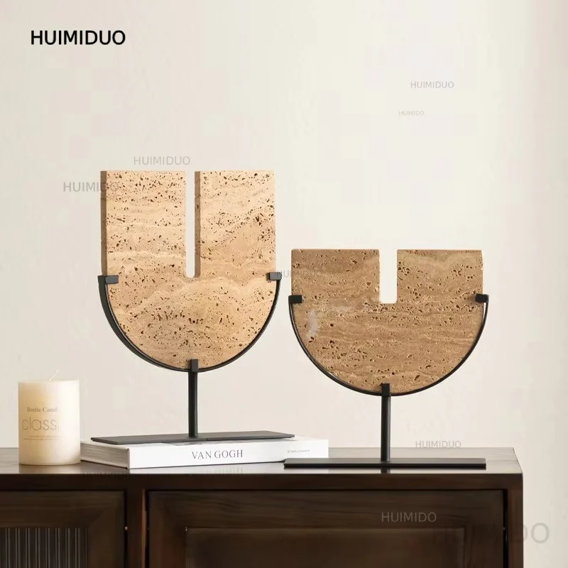 Beige Travertine Sculptures for Home Decoration U Shape Ornament for Coffee Table Shelf Entryway Living Room Decor