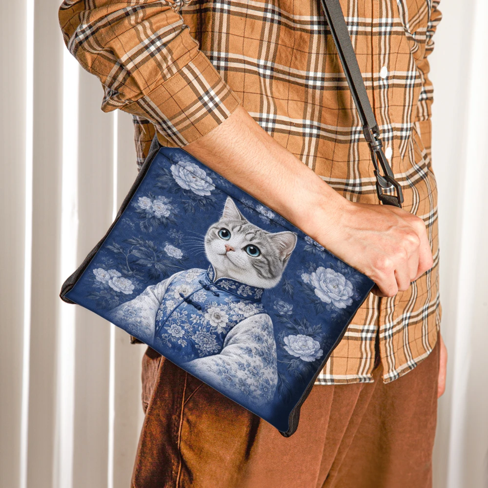 Cat Portrait Crossbody Bag Blue Floral And Traditional Clothing Pattern Shoulder Bags For Women Office Travel Shopping And Daily