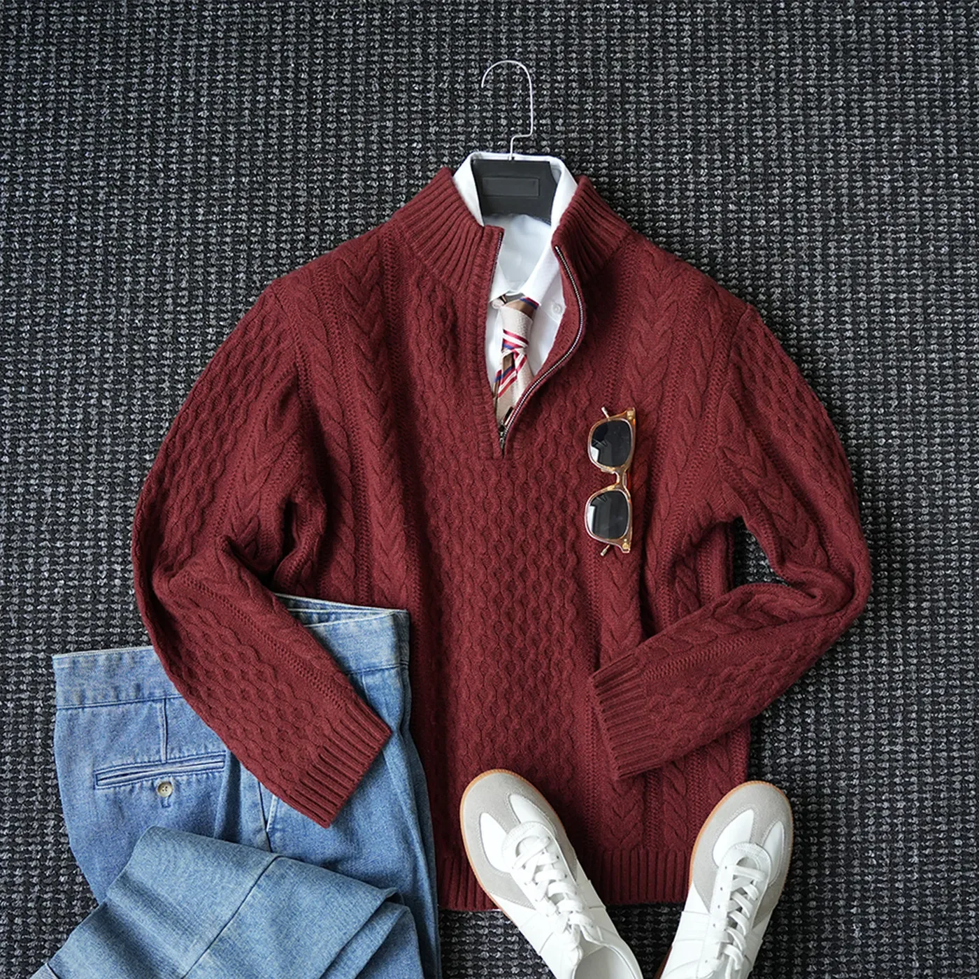 

100% wool, heavy industry haute couture jacquard half-open sweater men's thick warm light luxury coat tide