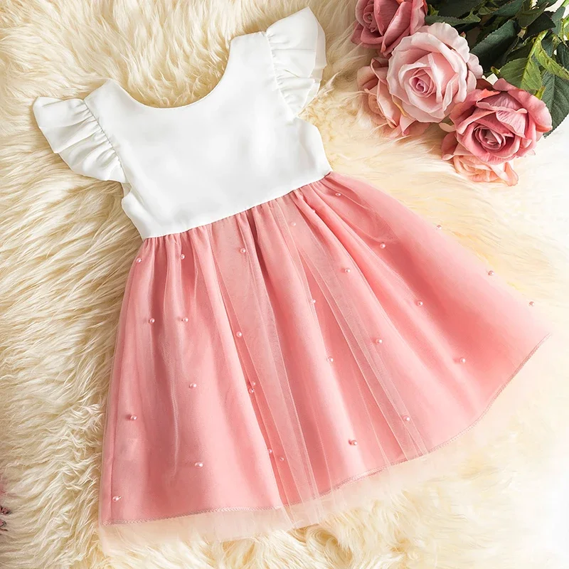 1-5Yrs Kids Girls Sweet Dress Baby Summer Clothing Fly Sleeve Bow-knot Pearls Layered Tutu Dress Children Party Princess Dresses