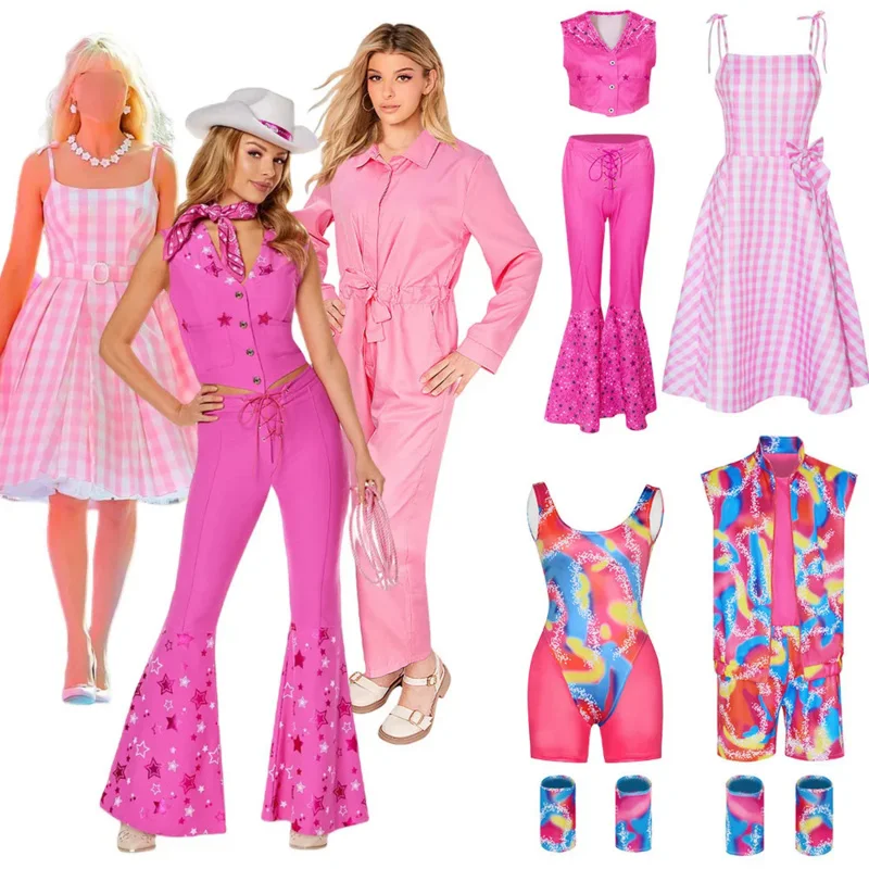 Hot Movie Adult and Kids adorabile rosa adorabile Barbi Cosplay abbigliamento per ragazze donna Halloween Fancy Doll gioco di ruolo Plaid Dress up