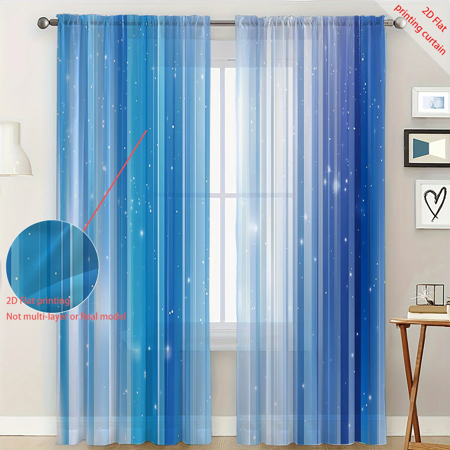 2 Pieces HD Digital Blue gradient geometry Printed Window Screen Home Decor Style Decoration Living Room Bedroom Rod