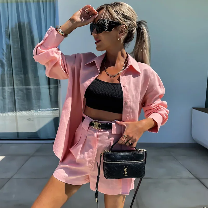 Short Sets Two Pieces Shorts Sashes Long Sleeve Matching Sets Women Blouses Single Breasted Solid Loose Fit Button Basics