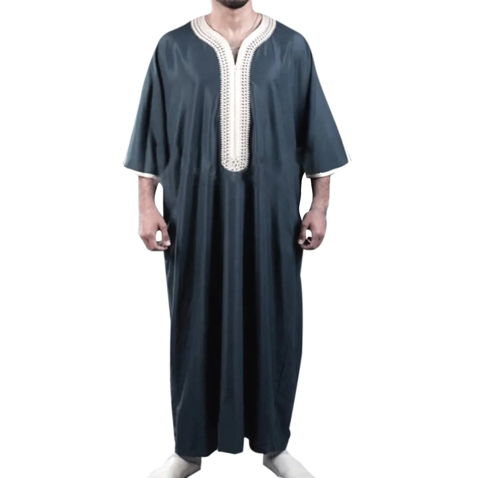 Muslim Men\'s Clothing Arab Muslim Robe Solid Colour Spring Summer Half Sleeve Islamic Robe Fashion Embroidered Long Muslim thobe