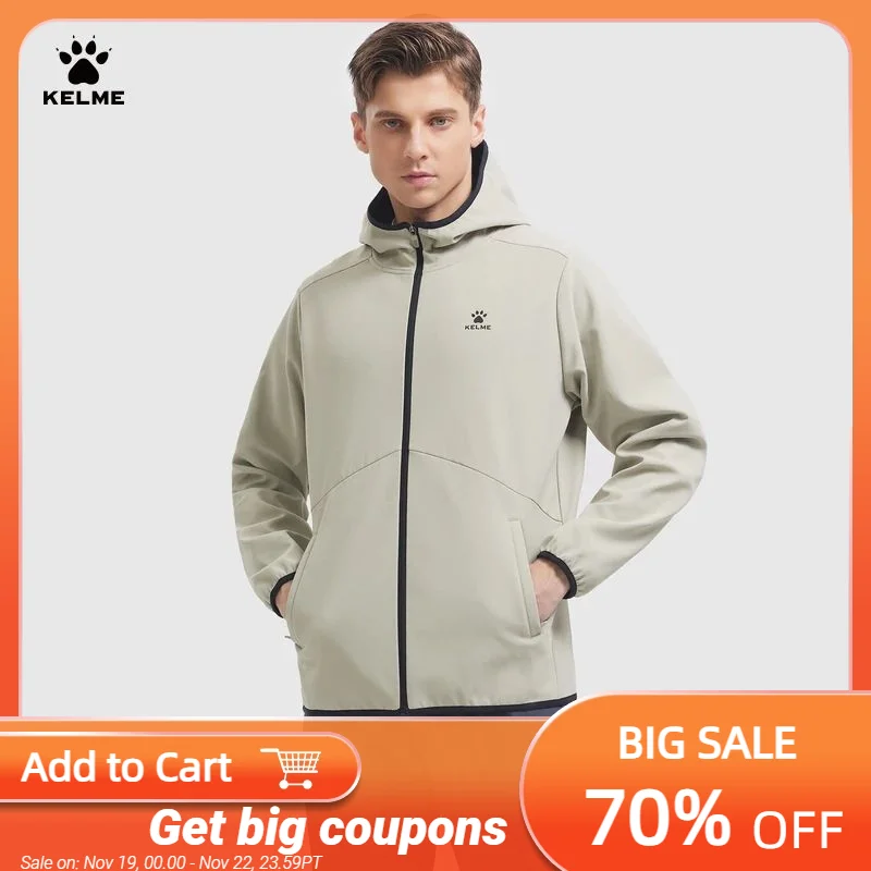 

KELME Winter Men's Cotton Jacket Running Training Waterproof OverCoat Short Hooded Warm padded woven Sports Jackets 9347WT1007