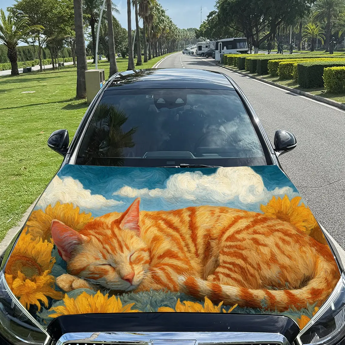 

Sunflowers And Orange Cat Car Vinyl Wrap, PVC Waterproof Car Hood Sticker, Self-Adhesive Scratch-Resistant Stickers For Engine C