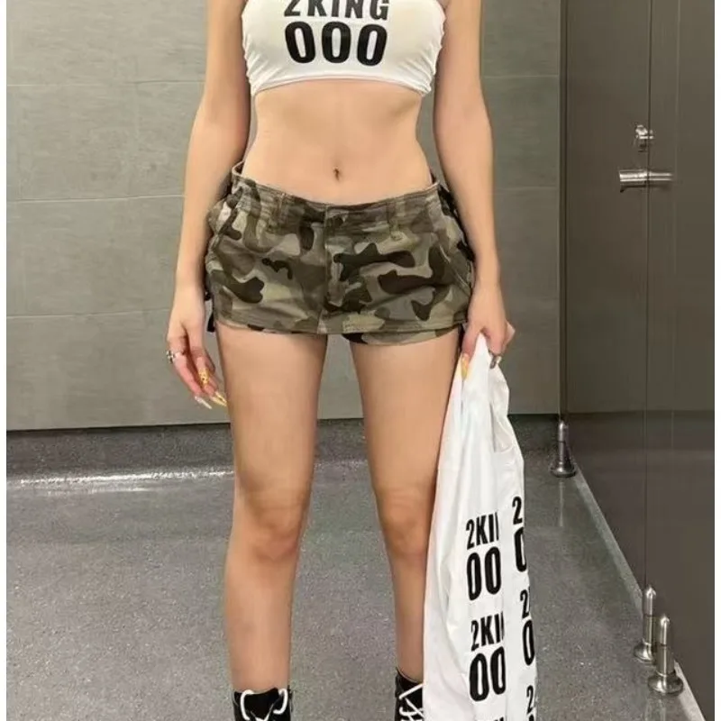 

Low-rise Camouflage Straps Denim Tooling Mini Skirt for Women American Retro High Street Slim-fitting Slim Shorts Skirt