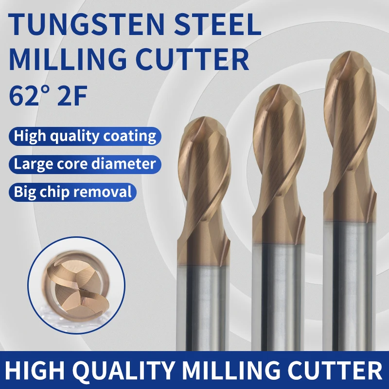 Tungsten steel ball end milling cutter HRC62 2 Flute Ball Nose End Mill Tungsten Carbide Cutter CNC Tool R0.5mm 2mm 4mm 7mm 10mm