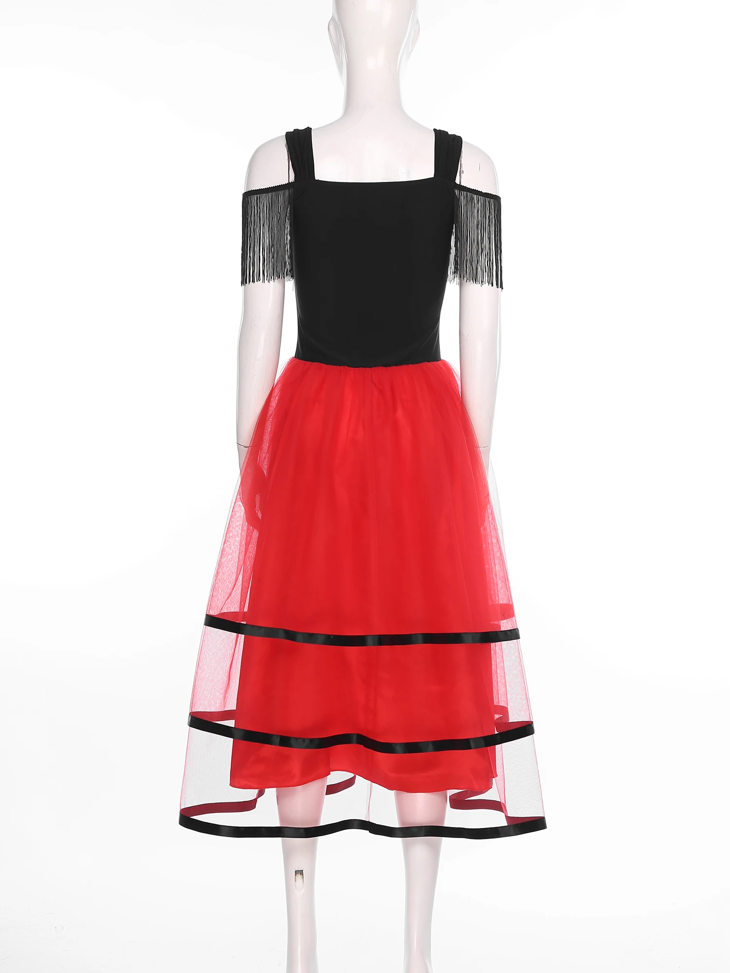 Frauen Flamenco Dance Performance Kostüm Quasten Kurzarm Tiered Rüschen Farbe Block Punkte Kleid Bühne Walzer Ballsaal Kleid