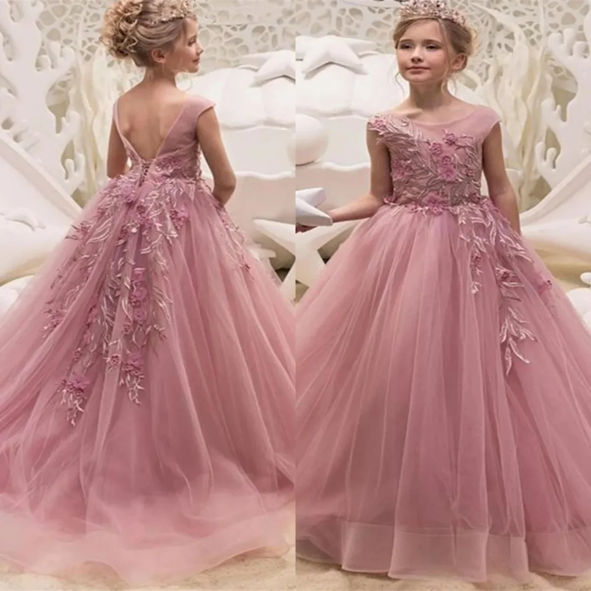 

Customized Pink Flower Girl Dresses for Wedding Lace Appliques Floor Length Sleeveless First Communion Kids Birthday Party Gowns