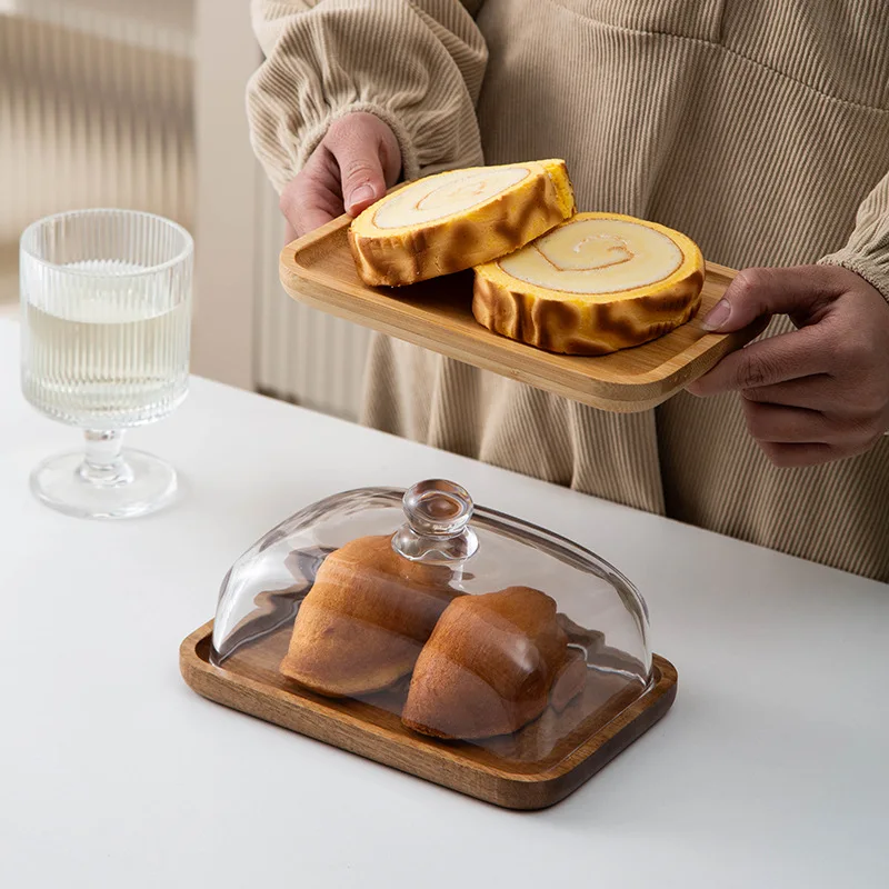 Plato de pastel de bambú y madera, plato de exhibición de vidrio transparente, postre, pastelería, bandeja de comida occidental, juego de plato de mantequilla, vajilla de mesa