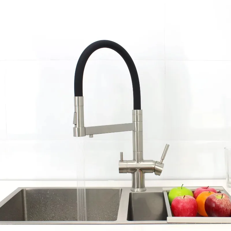 

【Best-selling】DOGO Pull Out Kitchen Filtered Water Tap Brushed Stainless Steel Black Silicon Adjutable 4 In 1 Kitchen Faucet