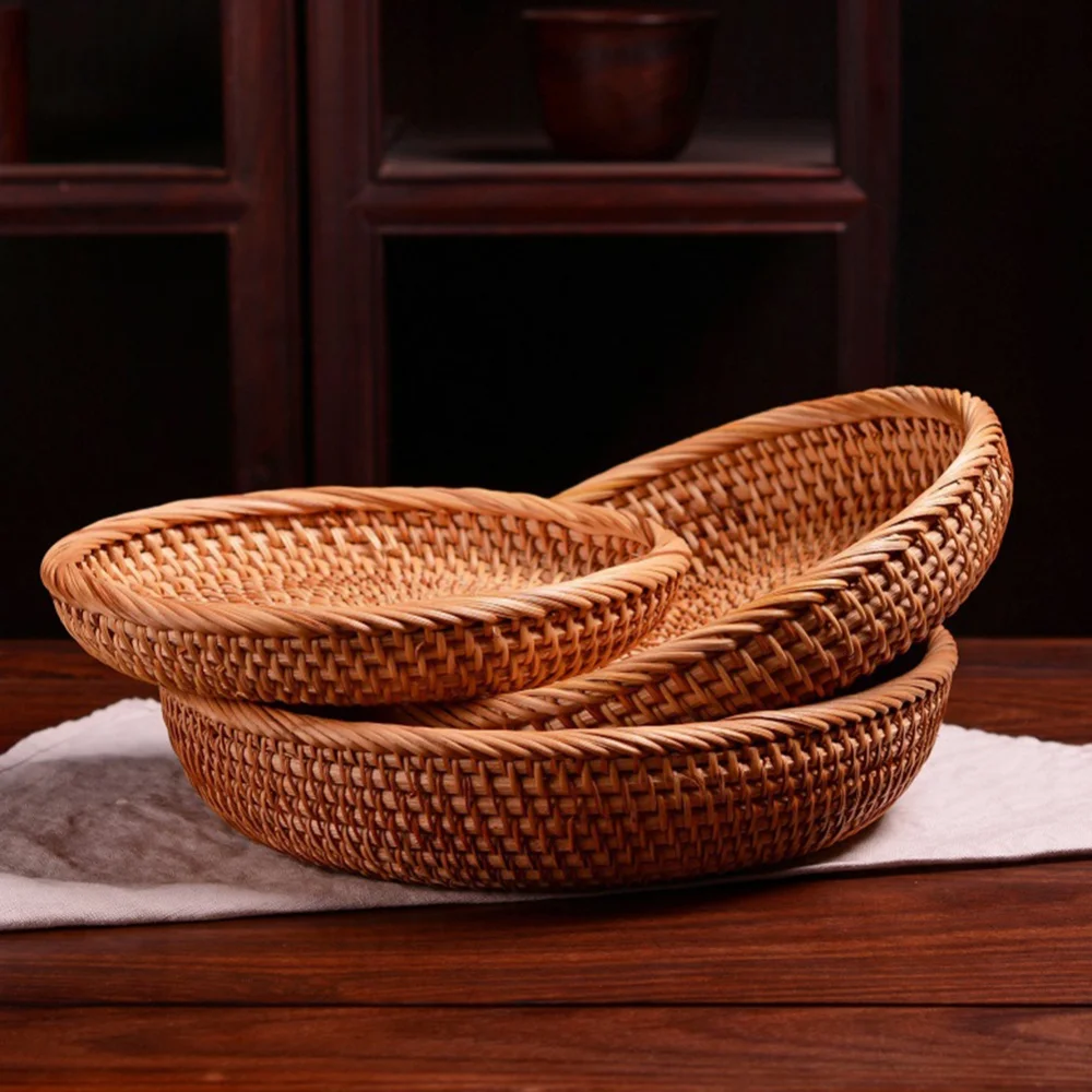 1/3Pcs Round Rattan Wicker Woven Serving Baskets for Bread Fruit Vegetable Handmade Storage Basket Display Rattan Basket