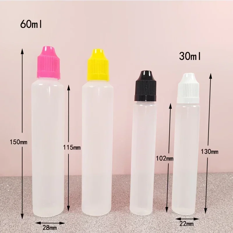 5 ชิ้น 30 มิลลิลิตร 60 มิลลิลิตรมินิ Squeezable ปากกาพลาสติกรูปขวด Dropper เคล็ดลับบาง Vape น้ํามันคอนเทนเนอร์สี Childproof หมวก