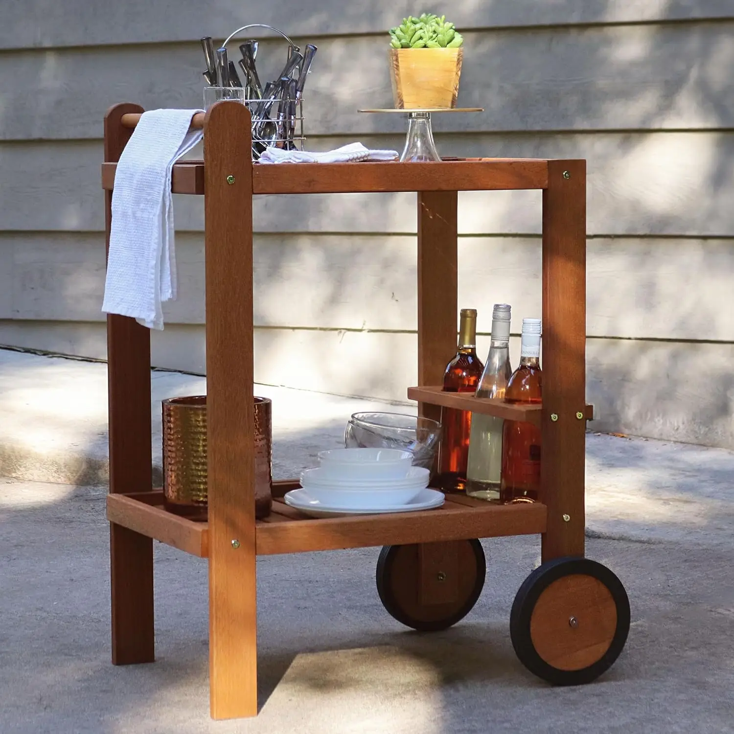 

Comfort Corner Indoor/Outdoor Wood Bar Cart with Wheels - Malaysian Hardwood with Teak Oil Finish - 27.5" Wide x 35.5" High