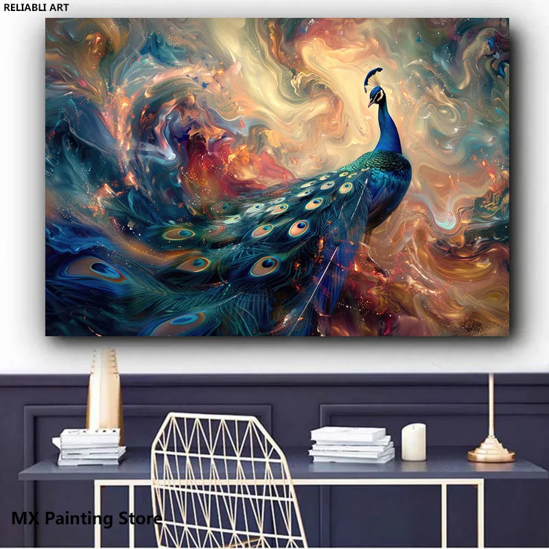 Peinture de paon dans un paysage surréaliste, art abstrait, affiche imprimée sur toile, décoration de maison moderne, sans cadre