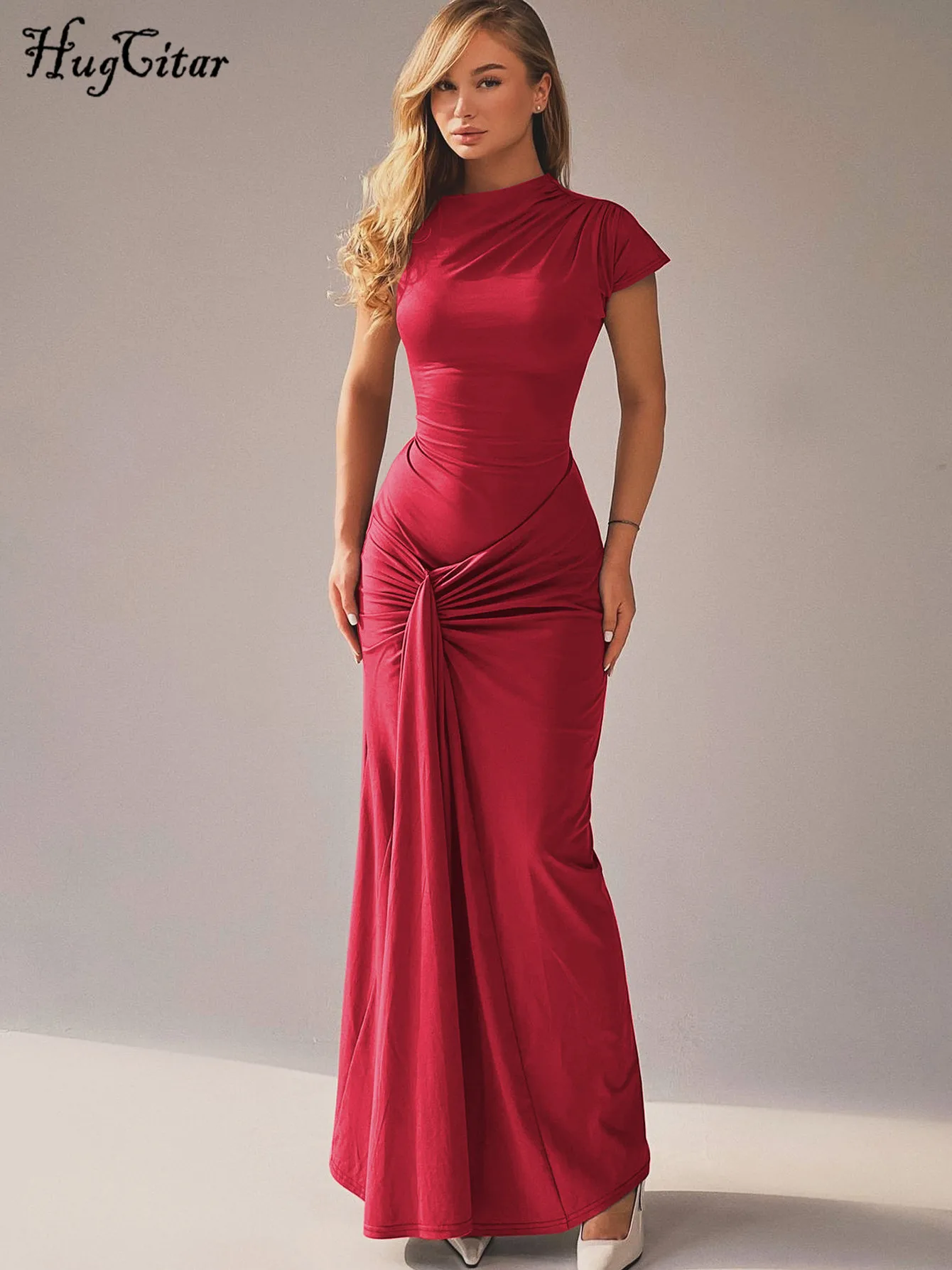 Hugcitar elegante sólido manga larga vendaje drapeado Sexy ceñido al cuerpo Maxi vestido de graduación Summe mujeres moda trajes fiesta vacaciones